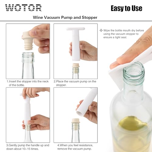 Image of WOTOR Wine Saver Vacuum Pump with 8 Stoppers, Wine Stopper & Preserver, Reusable Bottle Sealer Keeps Fresh, Ideal Accessories Gift, Flat Handle (White)