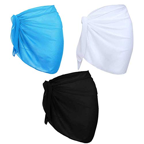 3 Pieces Sarong Beach Cover Up, Short Beach Sarong Wraps Hawaiian Swimsuit Wrap Skirts Sheer Chiffon Bikini Bathing Suit Cover Up Swimwear Wrap Pareo Sarong Beach Wear Wrap for Women