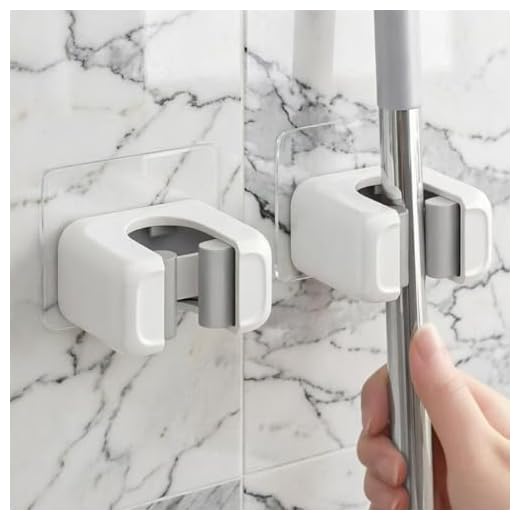 2Pcs Wall Mounted Mop and Broom Holder, No Drilling Self Adhesive Plastic Organizer, Durable White Storage Rack for Kitchen and Bathroom