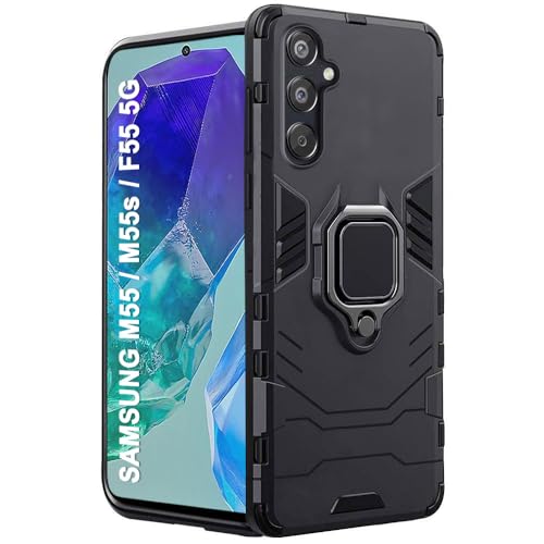 Image of TheGiftKart Tough Armor Bumper Back Case Cover for Samsung Galaxy M55 / M55s / F55 5G | Ring Holder & Kickstand in-Built | 360 Degree Protection Cover for Samsung M55 / M55s (PC & TPU, Black)