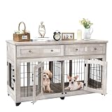 Dog Crate Furniture with Drawer,5 Doors Wooden Dog Kennel End Table with Large Capacity Drawers,Dog House with Openable Divider for Small/Medium/Large Dog,Dog Cage,Side End Table Grey