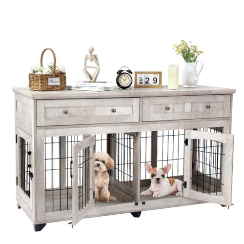 Dog Crate Furniture with Drawer,5 Doors Wooden Dog Kennel End Table with Large Capacity Drawers,Dog House with Openable Divider for Small/Medium/Large Dog,Dog Cage,Side End Table Grey by GAOMON - Used condition - US$298.82