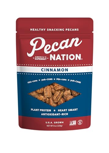 Pecan Nation Cinnamon Roasted Georgia Pecan Halves 8 oz., Natural, No preservatives, Antioxidant-Rich, Non-GMO, Healthy Snacking Pecans for Adults and Kids