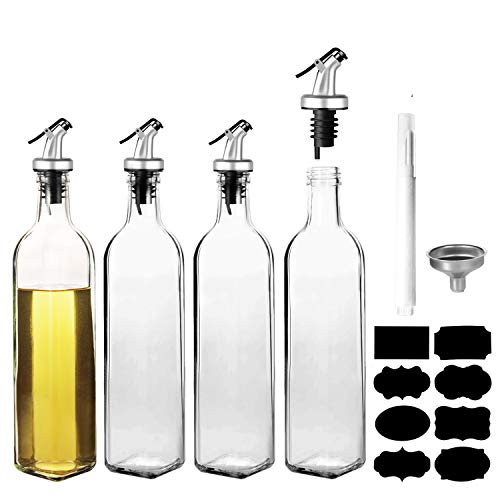 17 OZ Oil Dispenser Bottle 4 Pack, WERTIOO Glass Olive Oil and Vinegar Dispenser Set Oil Container with Funnel & Pen and Tag for Kitchen