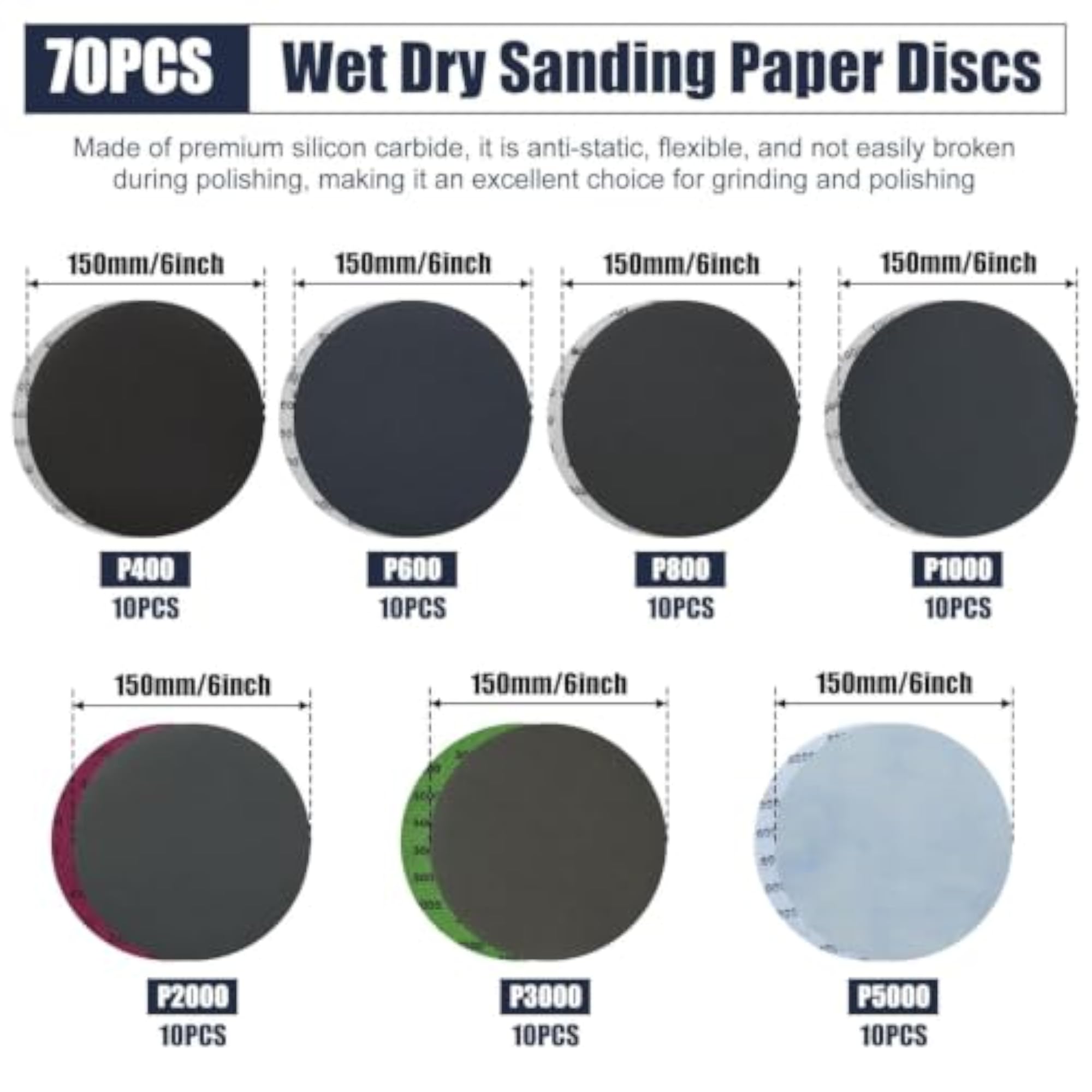 70Pcs 150mm Sanding Discs for Random Orbital Sander