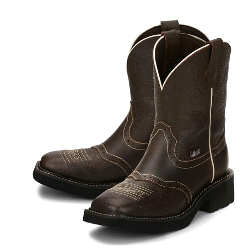 Justin Mandra 8β Western Boots for Women - Durable Cowhide Leather Square Toe Cowgirl Boots with Vivid Stitching, J-Flex Comfort & Non-Slip Outsoles