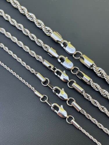 Men's Real Solid Rope Chain Necklace Stainless Steel - Rhodium - 6mm 24