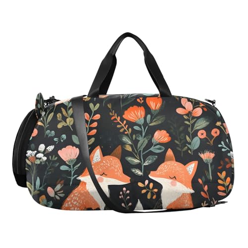 Kids Sports Duffel Bag for Boys & Girls - Cartoon Fox Flowers 100% Polyester Gym Bag with Separate Shoe Compartment, Adjustable Shoulder Strap, Compact Travel & Workout Gear Bag2