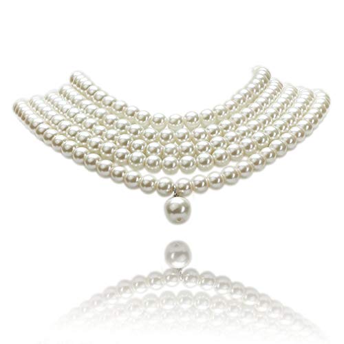 Kalse 5 Strand Layered Simulated Pearl Choker Necklace Bib Pendant Chunky Vintage Women Necklace (White 1)