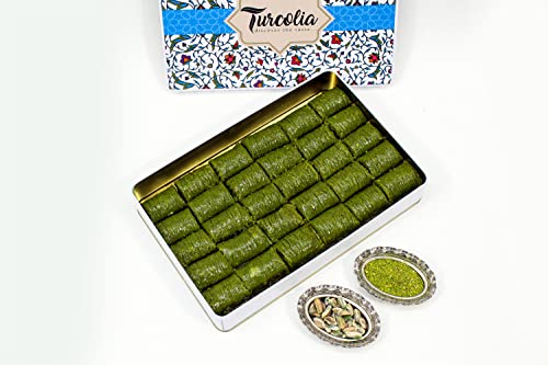 Turcolia Handmade Pistachio Rolls Baklava, 30 Pieces (2.2 lb – 1000 gr), Pistachio Wrap Turkish Baklava, Dessert Tin, All Natural, No Preservatives