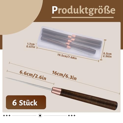 Reovin 6 Stück Ahle, Ahle Werkzeug Nähahle mit langem Holzgriff für Lederhandwerk, Leder Nähen Ahle mit Aufbewahrungsbox zum Stanzen, Nähen, Heimwerken, Leder Werkzeug, Reparieren