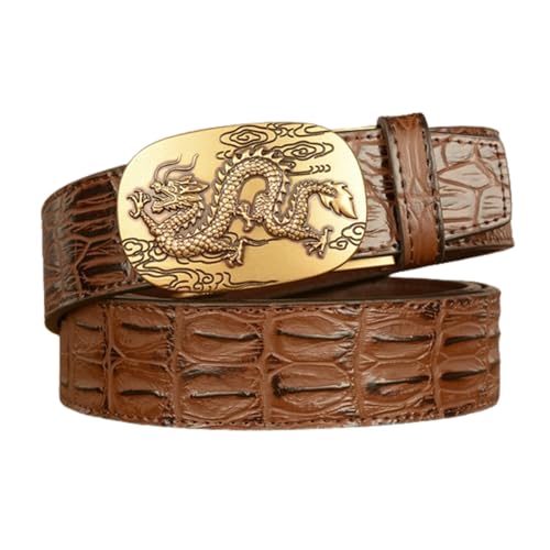 Men's Alligator Cowhide Crocodile Print Ratchet Belt With Golden Dragon Automatic Buckle, Trim-to-Fit For Casual