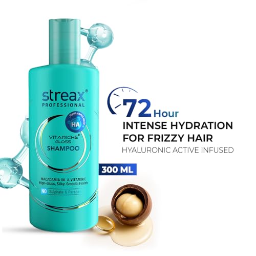 Image of Streax Professional Vitariche Gloss Shampoo with Hyaluronic Acid -300ml, Sulfate-Free Shampoo for Dry, Damaged & Frizzy Hair, Hydrating & Nourishing Shampoo with Hyaluron Molecules for Frizz Control, For All Hair Types