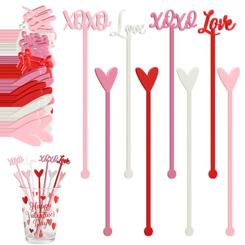 Qinyoung 32 Pcs Valentines Day Cocktail Stirrers 7 Inch Heart Love Lips Drink Coffee Stirrers Cute Acrylic Stir Sticks for Valentines Wedding Drink Birthday Bridal Cocktail Supply(Classic Style)