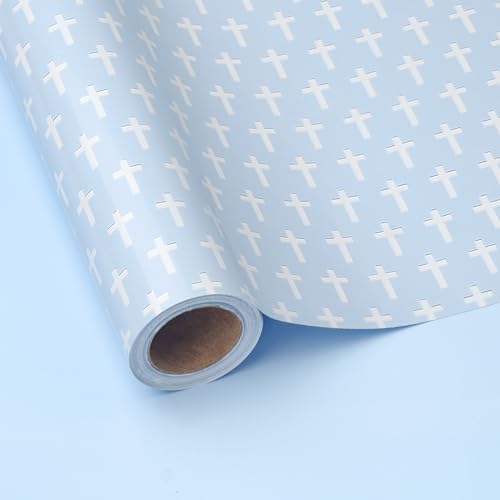 LDGOOAEL Mini Wrapping Paper Roll - Reversible Design (17 X 32.8 Feet) - Blue Cross for Birthday Baby Shower