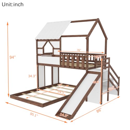 Image of Bellemave Bunk beds Twin Over Full with Slide,Storage Staircase,House roof Design,Low bunk /loft Bed for Kids，Walnut
