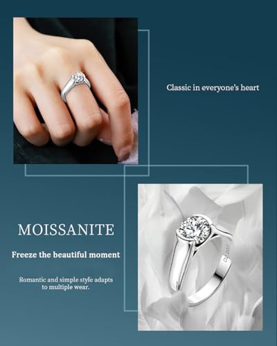 Moissanite Wedding Band, Moissanite Rings for Women, 2 Carat D Color VVS1 Lab Created Diamond Platinum Silver Plated Half Bezel Set Ring, Round Cut Solitaire Engagement Ring4