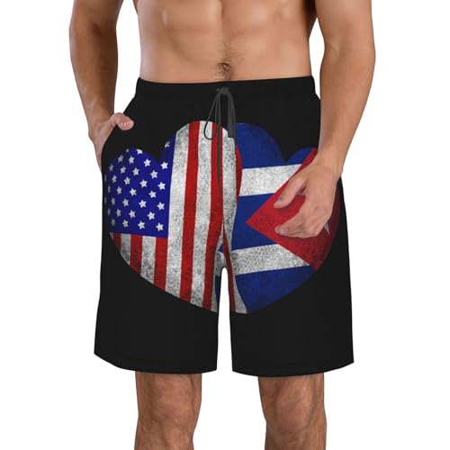 Bandera del Corazón De Los Cubanos De Estados Unidos Y Cuba Hombre Pantalones Cortos Forro De Malla Traje De Baño con Bolsillo Bañadores De Natación Vacaciones Bañadores De Surf 3XL