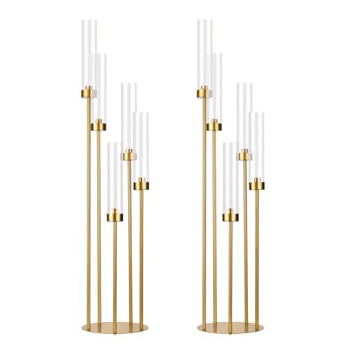 2PCS Gold Floor Candelabra,5 Arm Candle Holder Tall Floor Candle Holder with Acrylic Lampshade for Wedding Table Birthday Party Home Decoration Fit LED Taper Candles