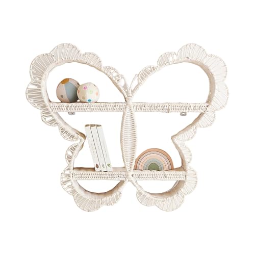 JSLXNDM Tejido de ratán de Dos Capas estanteria Diseño de Mariposa Tejido a Mano Ideal para entradas, baldas flotantes Pared Habitaciones Infantiles, cocinas, baños y Salas de Estar White