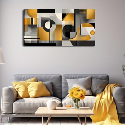 KADING Grande affiche murale abstraite encadrée, noire, blanche, grise et dorée, décoration murale moderne et minimaliste pour salon, salle à manger,...