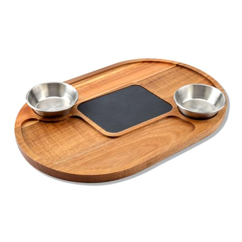 WLWNWFT Servierplatte aus Akazienholz mit Schieferplatte 36 x 24 cm, Servierbrett Holz mit 2 Edelstahl Dip-Schalen für Steak, Sushi, Steakbrett Steakteller Käsebrett Grillbrett – Bild 2