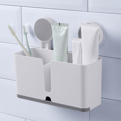 Image of Amazon Basics Toothbrush and Bathroom Organiser | Wall-Mounted | Self-Adhesive with Drain Tray | White | Plastic | 21L x 8W x 19H cm