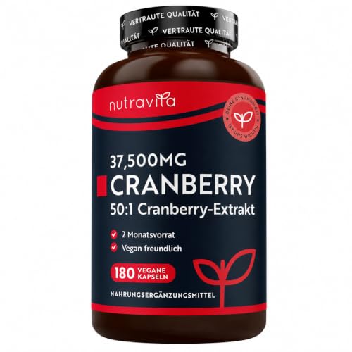 Nutravita Cranberry Kapseln - 180 Vegan Kapseln - Hochdosiert Cranberry Pulver 37.500 mg Vorrat für 2 Monate Hochwirksamer 50:1 Cranberry-Extrakt pro Tagesdosis - Cranberries Ergänzungsmittel
