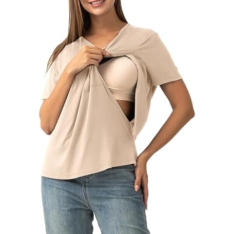 SUNNYBUY Women's Nursing Tops Breastfeeding Cover Short Sleeves Maternity Tee Shirts Double Layer Postpartum Clothes, Apricot M Cover