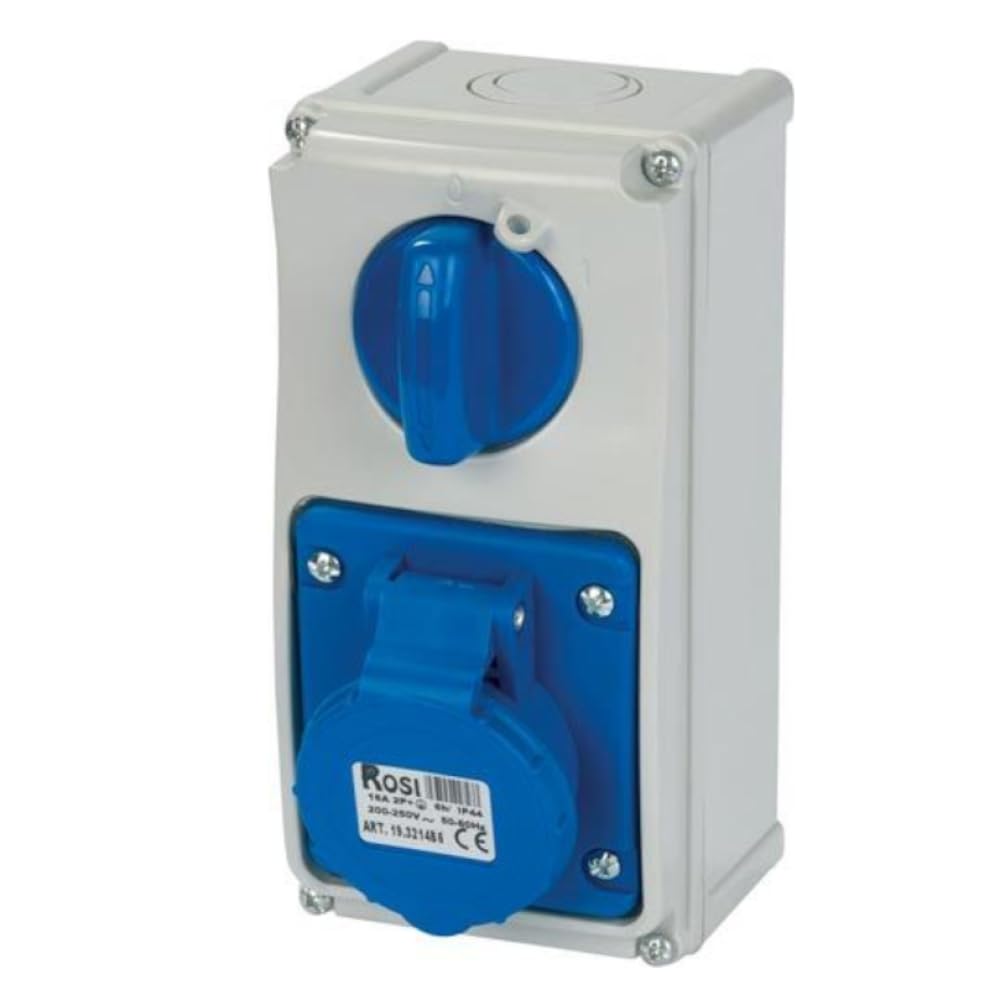 Presa interbloccata verticale con sezionatore interruttore, con fondo, 220V 230V, 3 poli 2P+T, 32A, IP54 - Rosi 19.3234B6