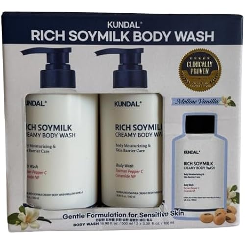 Mellow Vanilla KUNDAL Rich SoyMilk Body wash 2 x 16.9oz + 1 x 3.38oz