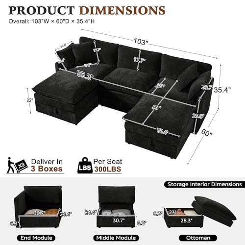 Image of Ihanherry 103 inch Modular Sectional Sofa with Storage, U Shaped Cloud Couch with Movable Ottomans & 4 Pillows, Chenille Deep Seat Sectional Couches for Living Room, Apartment (Black)