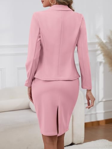 ELLEVEN Womens Blazers Suits 2 Piece Skirt Set Business Casual Outfits Two Piece Work Pencil Skirt Set Office Dressy Casual Interview Professional Outfits Knit Slim Fit Stretchy Light Pink Medium - Thumbnail 2