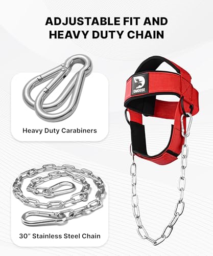 Image of DMoose Fitness Neck Harness for Weight Lifting - Soft Padded Head & Chin Strap with 30 inch Heavy Duty Steel Chain - Neck Exerciser, Trainer & Strengthener to Support Injury Recovery (Red)
