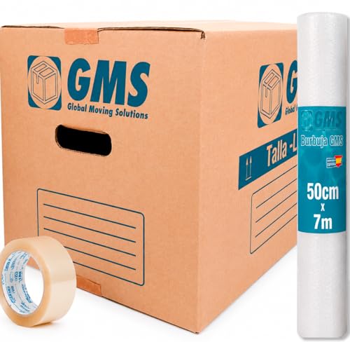 GMS - 20 Cajas Cartón Mudanza 50x30x30cm Talla L de 45L + Burbuja + Precinto Para Mudanzas y Almacenaje con Asas y Con Burbuja. Cartón Alta Resistencia (20Cajas 50x30x30cm + Burbuja+Precinto)