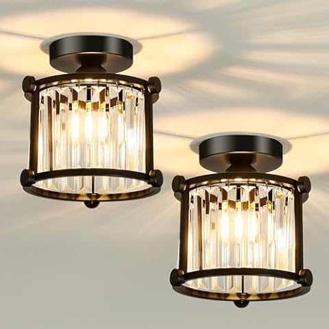 UOFUS 2 Pack Black Semi Flush Mount Ceiling Light Fixture Modern Small Crystal Chandelier Mini E26 Ceiling Lamp for Hallway Bathroom Foyer Closet Hall Porch Cover