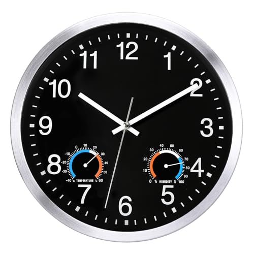 KIZLOC 30 cm Outdoor Uhr Garten Wasserfest mit Thermometer und Hygrometer Gartenuhr Außen Wetterfest Lautlose Batteriebetriebene Groß Wanduhr für Draußen Badezimmer Zuhause (Schwarz)