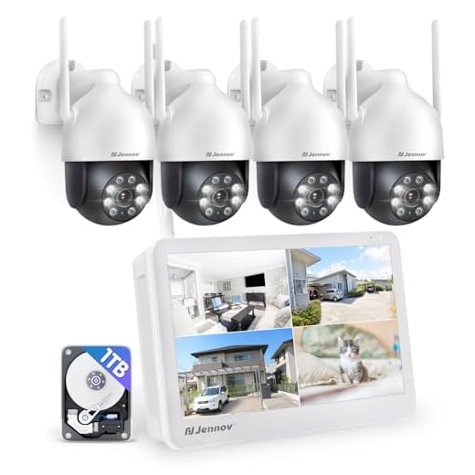 Jennov 5MP PTZ Kit Caméra Surveillance WiFi Extérieure avec 10" Moniteur, 10CH 5MP NVR 1TB HDD, 4X5MP HD IP Caméra, Vision Nocturne Couleur, Détection Humaine, Audio Bidirectionnel, Suivi Automatique