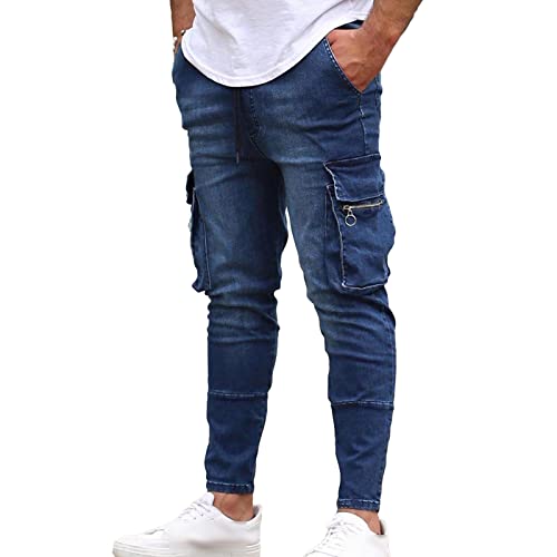 Maiyifu-GJ Men's Ripped Multi Pockets Jeans Slim Fit Skinny Stretch Jean Pant Washed Distressed Biker Denim Pencil Pants (Blue 1,3X-Large)