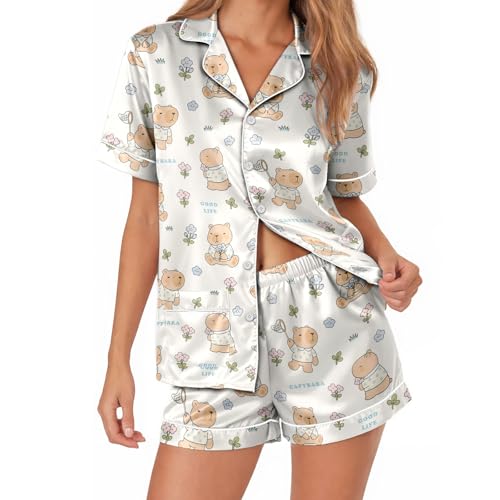 Image of Women 2 Pcs Short Satin Pajama Set Printed Silky Soft Loungewear | Luxurious silk-feel satin; comfortable relaxed fit for sleep & lounge; elastic waistband shorts; gift, easy care