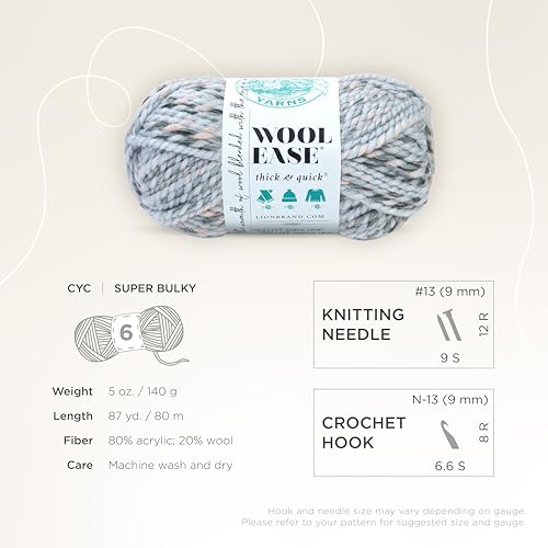 Image of Lion Brand Yarn Wool-Ease Thick & Quick Yarn, Soft and Bulky Yarn for Knitting, Crocheting, and Crafting, 1 Skein, Arctic Ice | Super Bulky Wool Acrylic Blend Fiber for Soft Hats, Sweaters, Chunky Blankets, Yarn for Crochet, Knitting, Crafts, Weaving