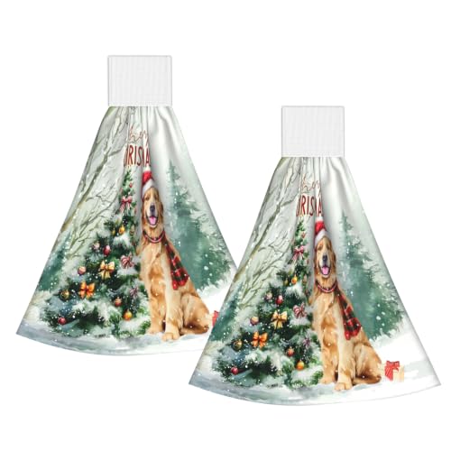 Giwawa Winter Dog Hand Towels with Hanging Loop Set of 2 Xmas Tree Decorative Fingertip Bath Tie Towel Absorbent Dish Cloth for Kitchen Bathroom
