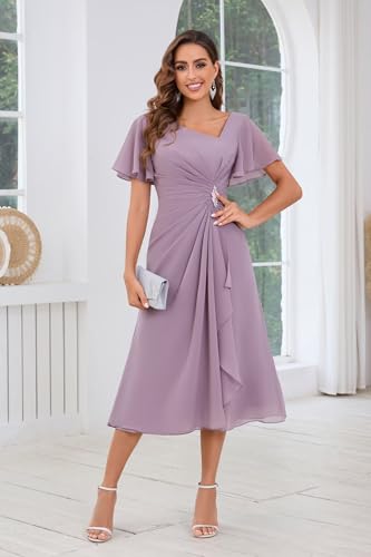 VGZ Tea Length Mother of The Bride Dresses for Wedding Chiffon Ruffle Sleeve Mother of The Groom Dress3