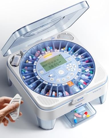 28-Day Automatic Pill Dispenser – One-Press Daily Dispense, Easy-to-Use Slide-Door Cup, Sound & Light Alerts, Moisture-Proof Dual Desiccants, Large Compartments for Tablets & Capsules