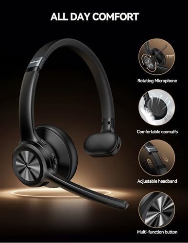 TECKNET Bluetooth Headset, Wireless Headset with Microphone Noise Cancelling for Work, BT5.2 with 50hrs Talk Time, One Click Mute & Rotatable Mic Single Ear Headphone for Office/Call Center/Truck/Home - Image 5