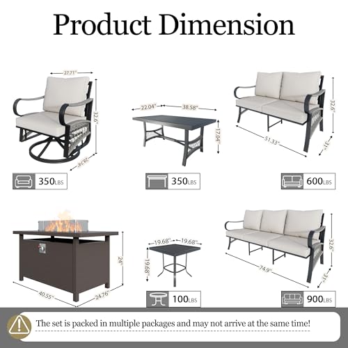 Image of 10-Piece Outdoor Furniture Set, Metal Swivel Rocking Chairs with All-Weather Cushions, Patio Conversation Set with Fire Pit Table for Deck, Porch, Garden, Backyard, Poolside (Beige Cushions)