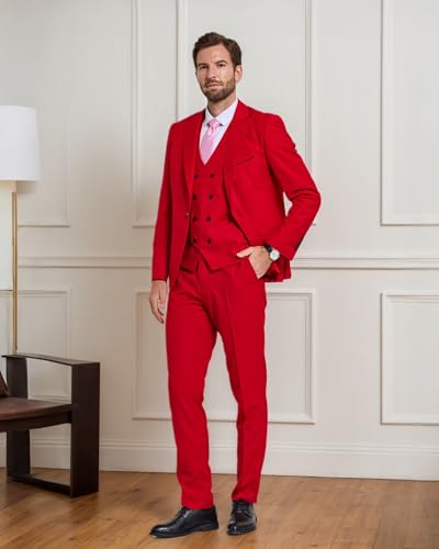 YND Men's 3 Piece Slim Fit Suit Set, One Button Peak Lapel Solid Business Blazer Jacket, Double Breasted Vest Pants and Tie3