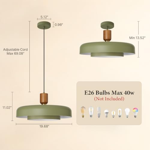Mid Century Green Pendant Light: 20" 2-Tiered Lighting Over Kitchen Island - 3