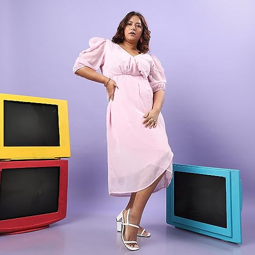 Image of Instafab Plus Women's Baby Pink Petal Hem Dress for Casual Wear | Puff Sleeve | Polyester Fabric | V-Neck Dress Crafted with Comfort Fit for Everyday Wear