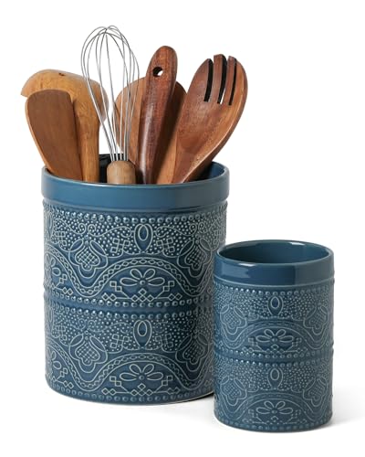 Image of FUN ELEMENTS Kitchen Utensil Holder, 7.2+5.5 inch Super Large Utensil Crock Heavy and Stable Lace Emboss Ceramic Utensil Holder for Kitchen Counter(2Pcs Grayish Blue)